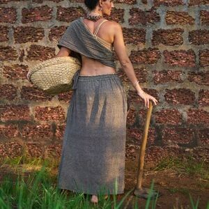 Boho Sari Dress • Raw Khadi Cotton Wrap, Earthy Brown